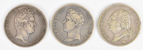 Three French 5 Franc coins for 1821, 1825 and 1831