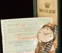 Rolex Precision 9ct gold gentleman's wristwatch with gold hands and baton hour markers, blued centre