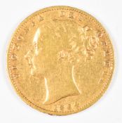 1864 Queen Victoria gold full sovereign with young head and shield reverse, die number 65, G