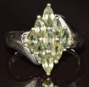 A 9ct white gold ring set with marquise cut green sapphires and white sapphires, 4.2g, size N