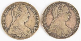Two 1780 Maria Theresa Thaler silver coins, weight 55g