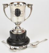 Long Ashton Golf Club George V hallmarked silver twin handled trophy cup and three spoons also