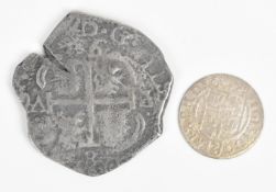 1693 Bolivian 8 Reales cob coin, Potosi mint, together with a Polish 3 Poker hammered silver coin