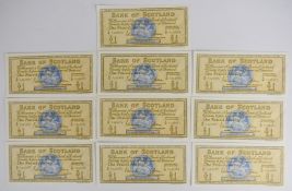 Ten consecutive 1967 Bank of Scotland £1 notes signed by Polwarth & Letham, A/W prefix with