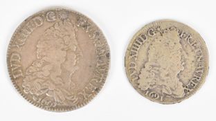 Two Louis XIV 1691 Ecu and half Ecu silver coins