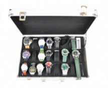Fourteen various wristwatches including Naviforce, Seiko, Sekonda, PCM etc, in metal carry case.