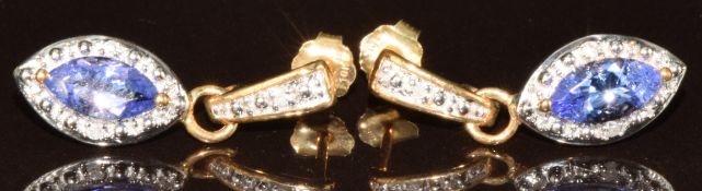 A pair of 9k gold earrings set with marquise cut tanzanites and diamonds, 2.3g