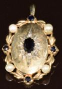 A 9ct gold pendant / brooch set with pearls, sapphires and diamonds, 7g, 4 x 2.5cm