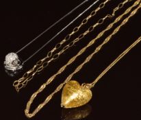 A 14k white gold chain and pendant, 14k gold chain (5.2g), two 9ct gold chains (7g) and glass