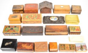 Twenty 19th/20thC stamp boxes including Mauchline ware, Tunbridge, inlaid, silver mounted one with
