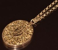 A 9ct gold locket with engraved scrolling decoration (3 x 3.5cm), on 9ct gold chain made up of