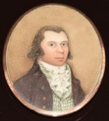 Georgian / Victorian yellow metal locket (tests as 9k gold) set with an ivory portrait miniature,