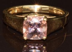 A 9k gold ring set with a cushion cut AAA Madagascan morganite of approximately 1.1ct, with