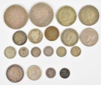 Pre-1947 UK silver coinage including 1937 and 1935 crowns, approximately 133g and 20g of pre-1920