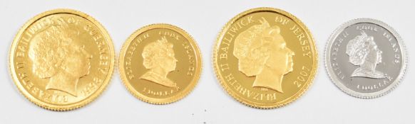 Three miniature 24ct gold coins and a miniature .995 platinum coin, comprising 1998 Guernsey Queen