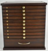 Stained pine eleven drawer coin / bijouterie or collector's cabinet, W41 x D30 x H44cm