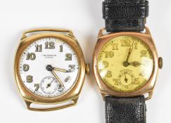 Two 9ct gold cushion shaped gentleman's wristwatches, each with subsidiary seconds dial, luminous