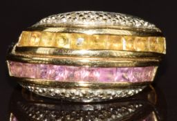 A 9ct gold set with pink and yellow sapphires and diamonds, 5g, size N