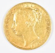 1854 Queen Victoria gold full sovereign with young head and shield reverse, VF