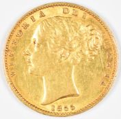 1855 Queen Victoria gold full sovereign with young head and shield reverse