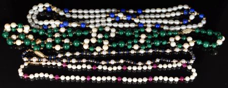 Four beaded necklaces comprising malachite, gold and pearl, lapis lazuli, gold and pearl;