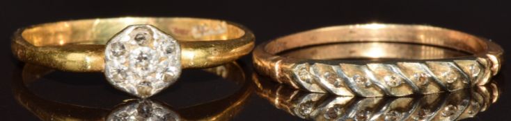 An 18k gold ring set with diamonds and a 9k gold ring set with diamonds, (both missing a diamond),