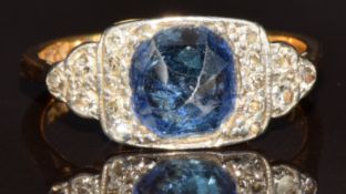 Art Deco ring set with a sapphire and diamonds, 3.7g, size N