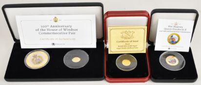 Cased gold and silver coins comprising 2007 Isle of Man 1/20th proof gold Angel, 1.555g .999 fine,