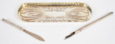Victorian hallmarked silver pen tray with embossed decoration, London 1900, maker William Hutton &