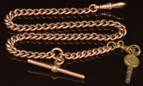 A 9ct rose gold Albert with T bar and clip, one clip is not gold and a replacement, 36g, 35cm
