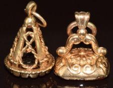 Two 9ct gold fobs, one set with agate and the other smoky quartz, 6.6g