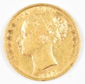 1870 Queen Victoria gold full sovereign with young head and shield reverse, die number 114, F