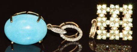 Two 9k gold pendants, one set with a hemimorphite oval cabochon and diamonds and the other forty-