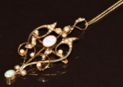 Edwardian 9ct gold pendant / brooch set with two opal cabochons and split pearls, on 9ct gold chain,