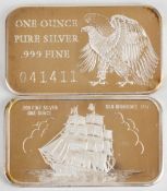 Two 1oz fine silver bars or ingots, one commemorating 200 years of US independence the other Madison