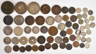 Mainly Georgian and Victorian coinage to include 1887 and 1897 crowns, drilled Charles II love token