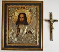 Russian Orthodox icon with pierced metal decoration and crucifix, 22 x 17cm