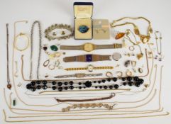 A collection of jewellery including vintage necklaces, rolled gold bangle, silver chain and pendant,