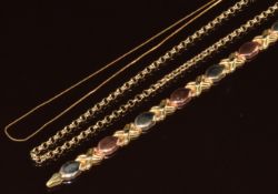 Two 9ct gold chains and a 9ct gold bi-coloured bracelet, 11.7g