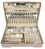 Mappin and Webb Art Deco style eight place setting canteen of silver plated cutlery, in oak canteen,