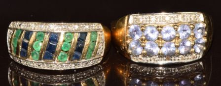 Two 9k gold rings, one set with emeralds, sapphires and diamonds and the other tanzanites and