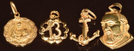 Four 18ct gold pendants, one in the form of '13', one an anchor, one 'Saint Pio of Pietrelcina'