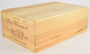 Chateau Puy-Blanquet Saint-Emilion Grand Cru red wine, 2015, 14.5% vol, 75cl, in sealed wooden case.