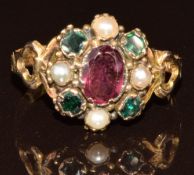 Victorian 9ct gold ring set with a foiled garnet, tourmaline and split pearls (Birmingham 1860), 2g,