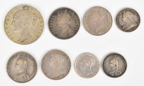 Approximately 90g of Victorian silver coinage to include an 1844 crown, higher grade 1872 shilling