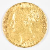 1853 Queen Victoria gold full sovereign with young head and shield reverse, F