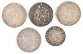 Five 19th century South American silver coins 1866-1896, including an 1877 Chile 1 Peso, an 1866
