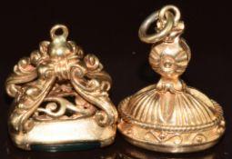 Two 9ct gold fobs set with carved agate intaglio seals depicting warriors, 11.8g