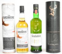 Two bottles of single malt Scotch Whisky Glenfiddich 12 Year Old 40% 70cl and The Ardmore Legacy