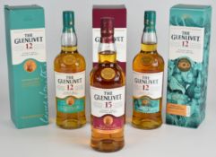 Three bottles of The Glenlivet Single Malt Scotch Whisky comprising 12 Year Old Double Oak 40%